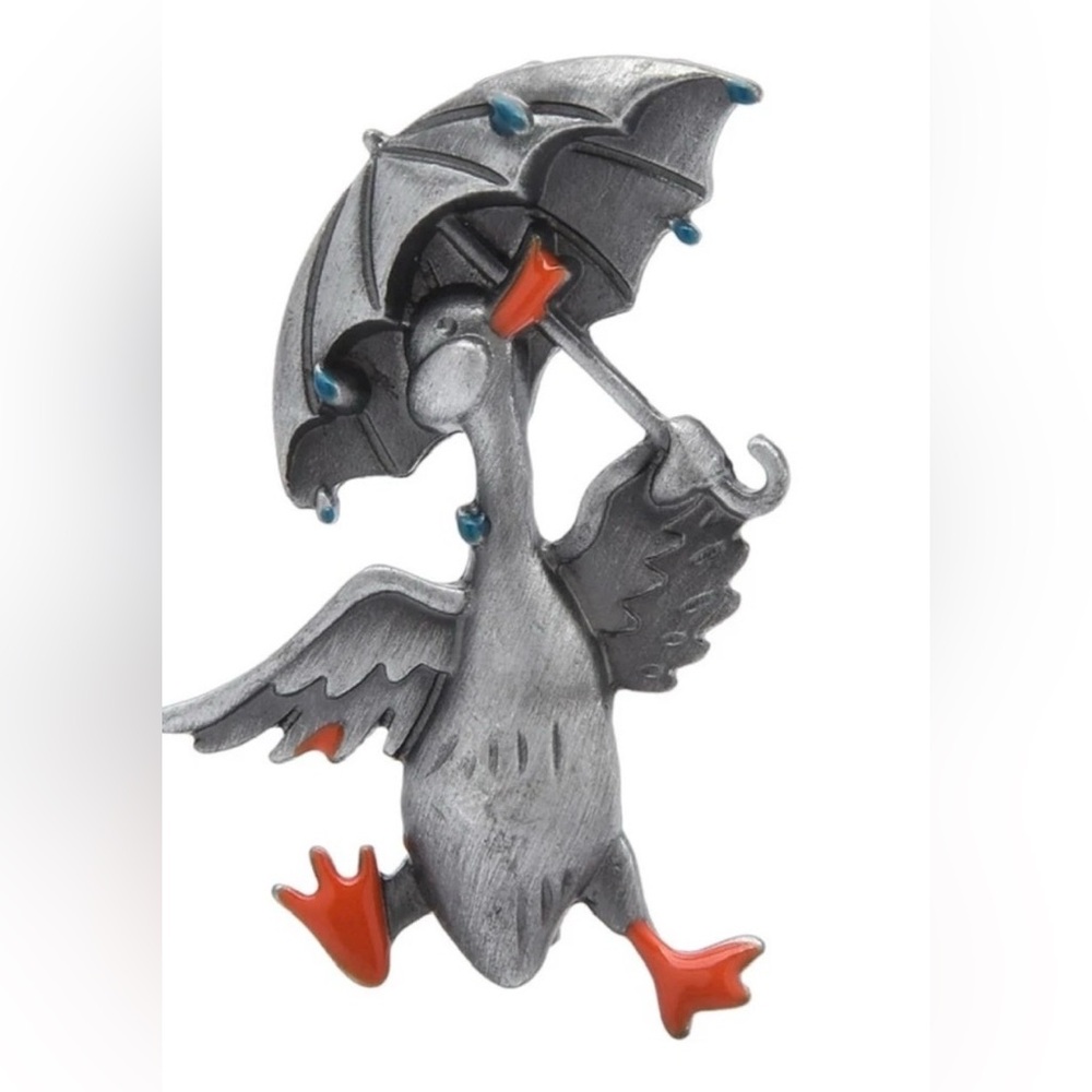 Silver Goose Brooch with Umbrella